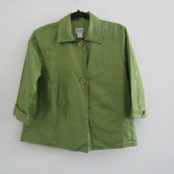 Chico's Linen Blend Jacket 1 Green Shimmer Boho Artsy Coastal Grandma Vintage - Picture 1 of 10